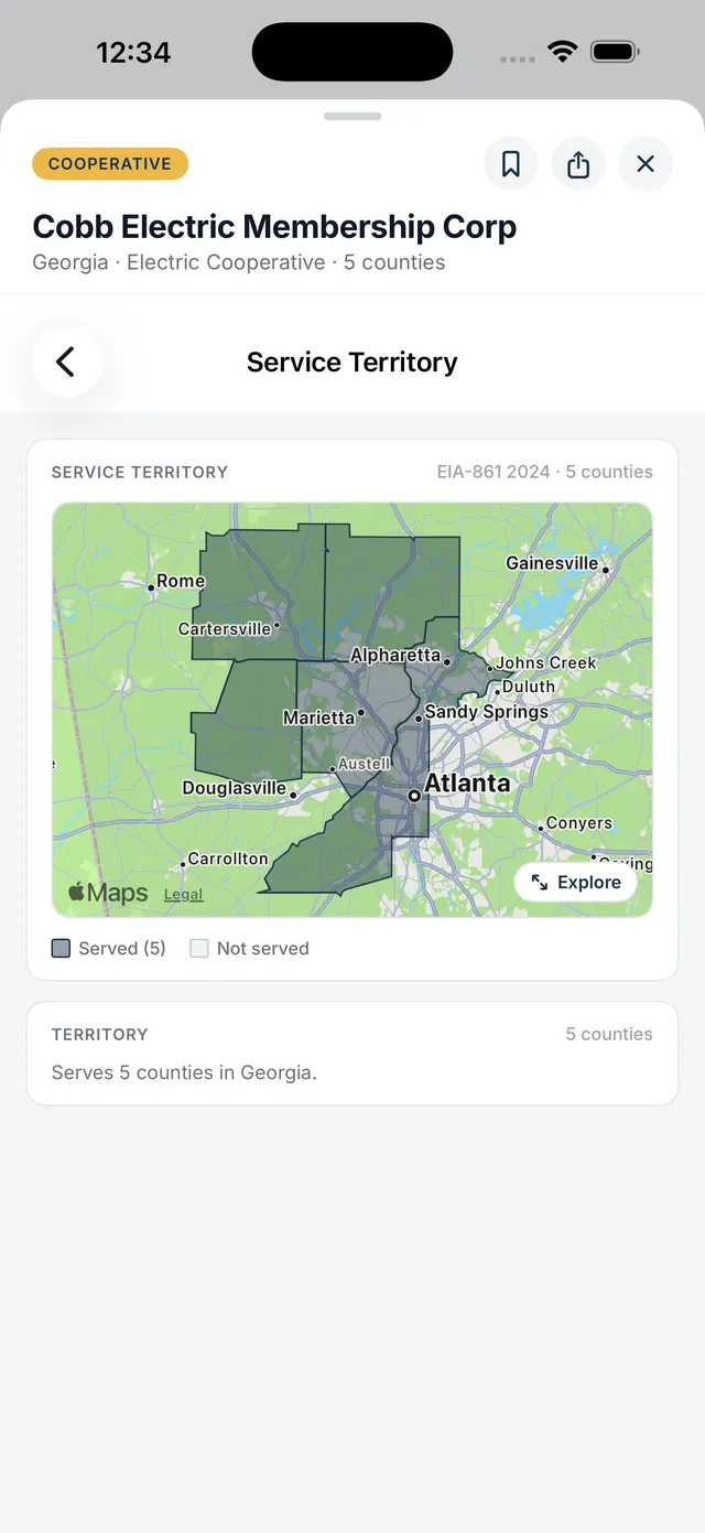 Map of the counties a utility serves, highlighted over the state outline.