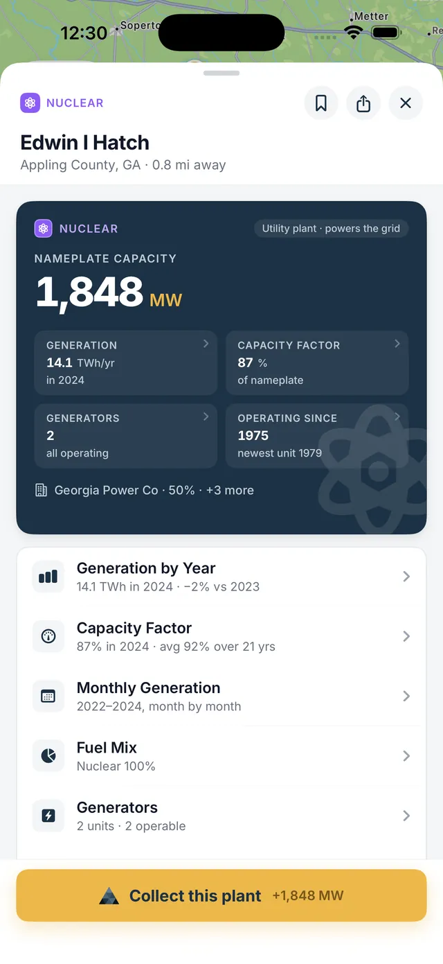 Phone showing a plant card for a nuclear plant with its capacity, capacity factor, and a Collect this plant button.
