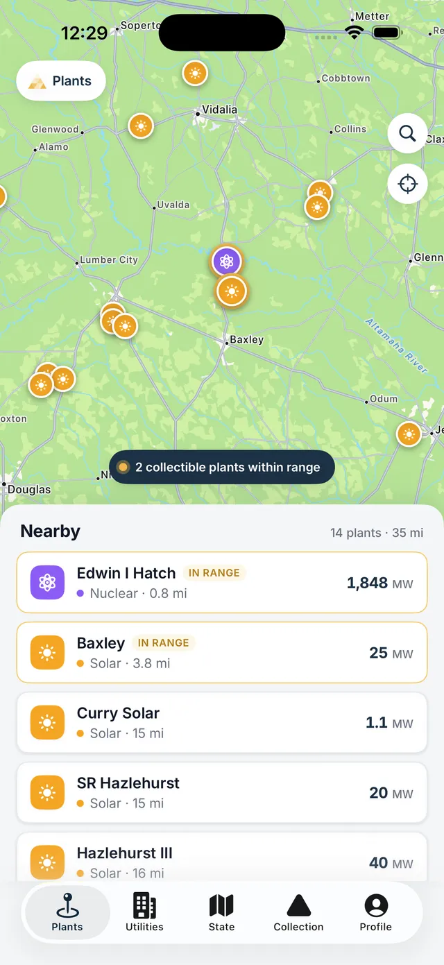 Phone showing a map of south Georgia with orange solar and purple nuclear plant pins and a list of nearby plants.