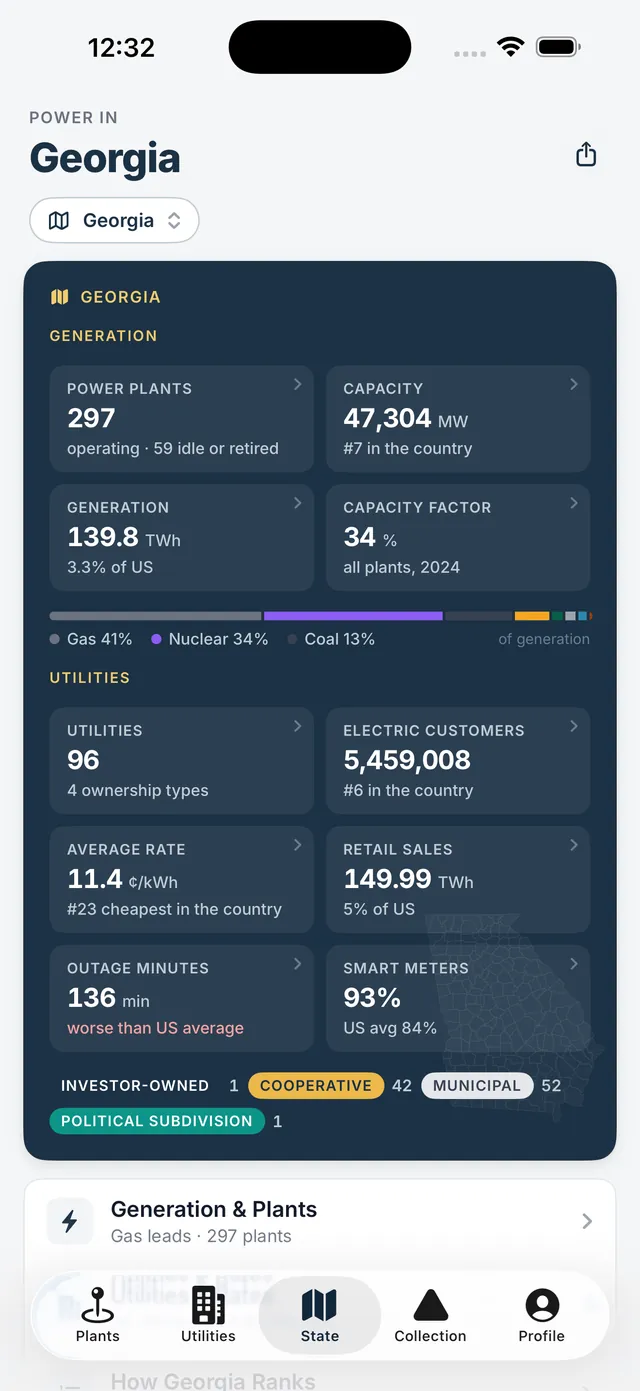 Card summarizing Georgia's power: 297 plants, 47,304 megawatts, gas 41 percent, nuclear 34 percent, 96 utilities, average rate 11.4 cents.